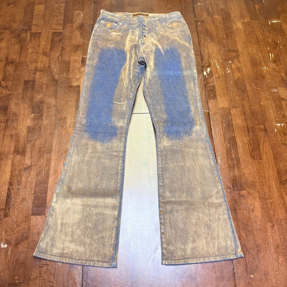 Bongo Let Me B. Flocked Flare Jeans Women 9 Blue Brown Vintage Y2K Button Fly